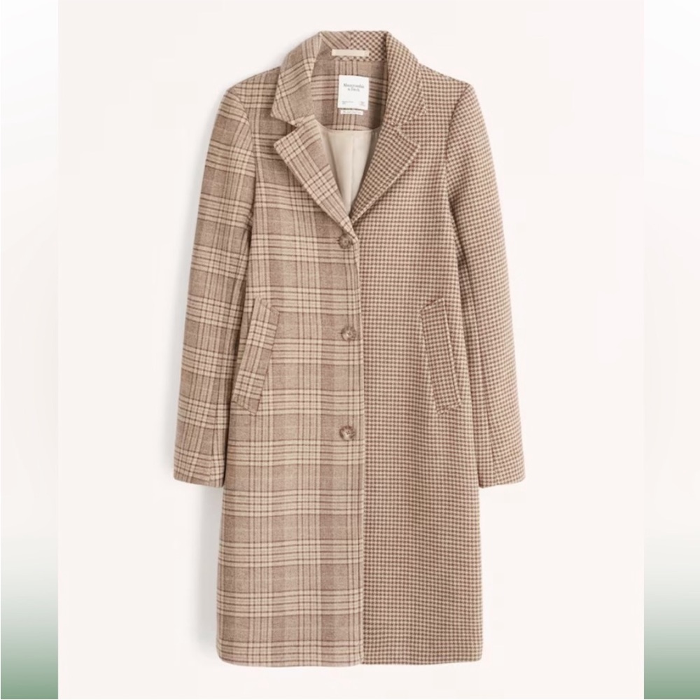 Abercrombie Wool Blend Dad Coat XS - light brown plaid and houndstooth pattern